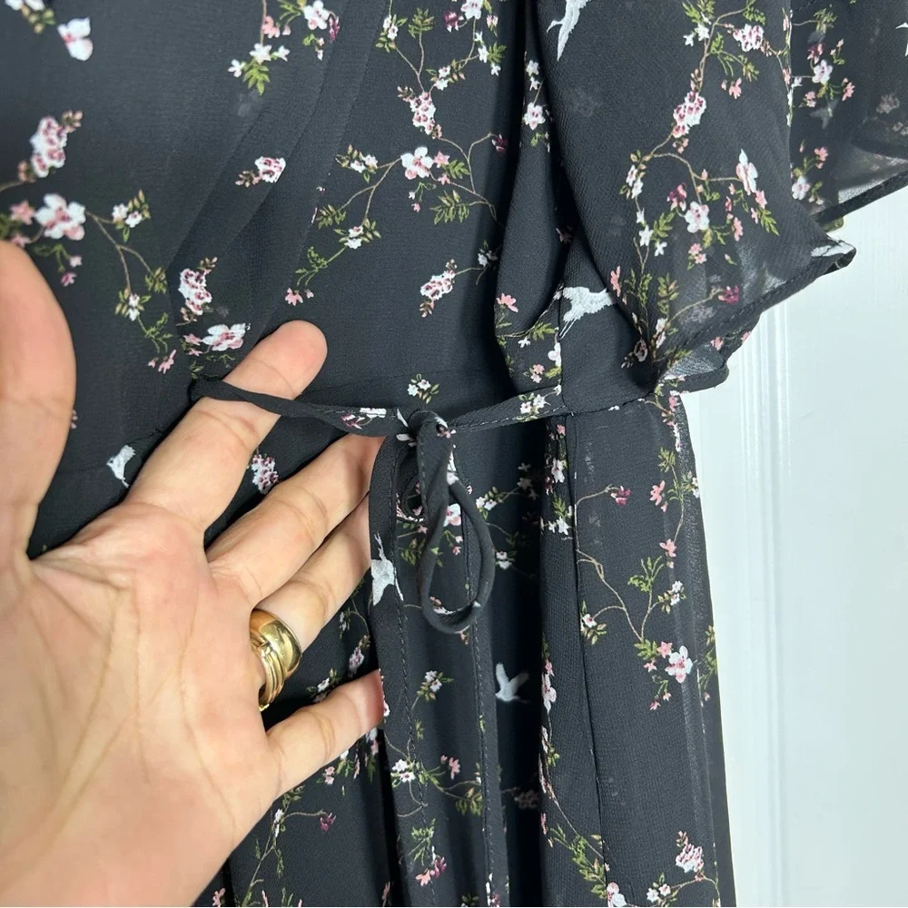 Torrid Black Floral Birds Print Chiffon Ruffled Wrap Versatile  Dress 2/2X/18-20 - Picture 4 of 16